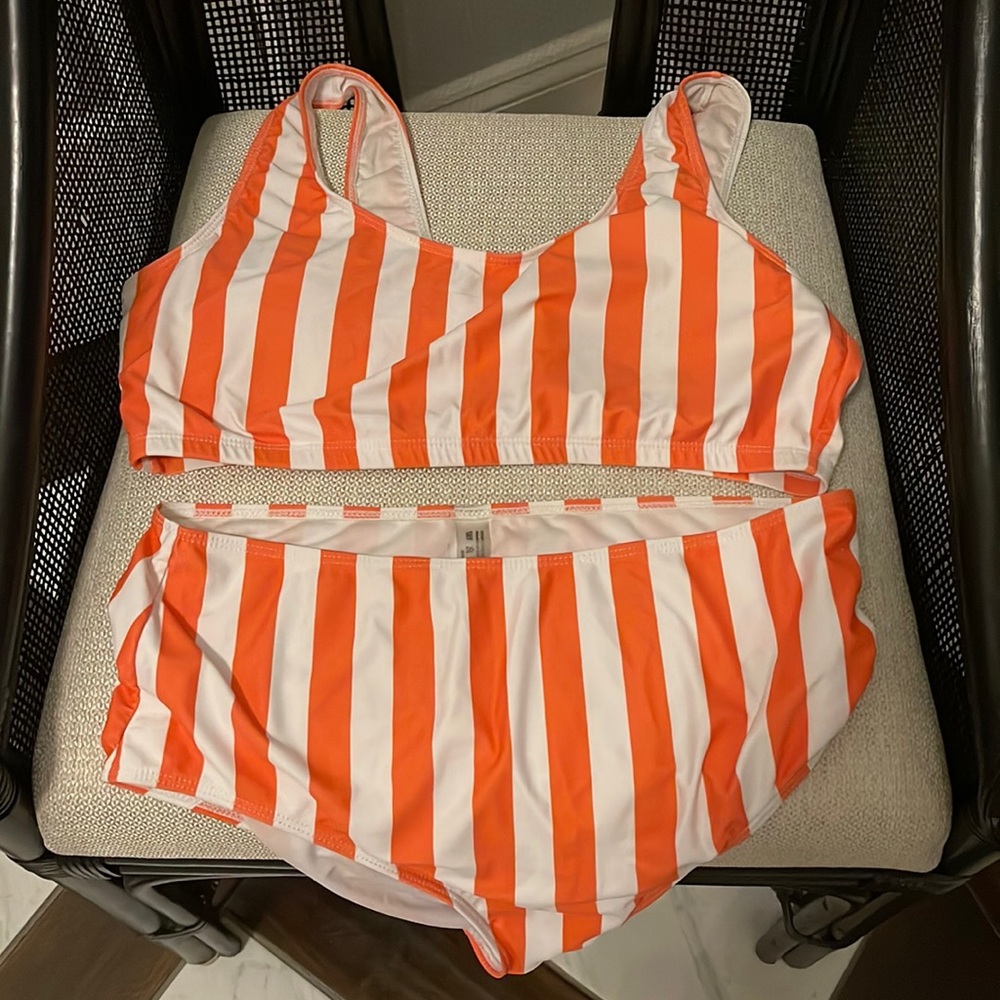 Orange and white stripe 2 piece swim set.